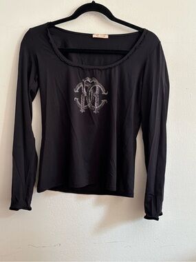 Roberto Cavalli black long sleeve top with rhinestone logo
